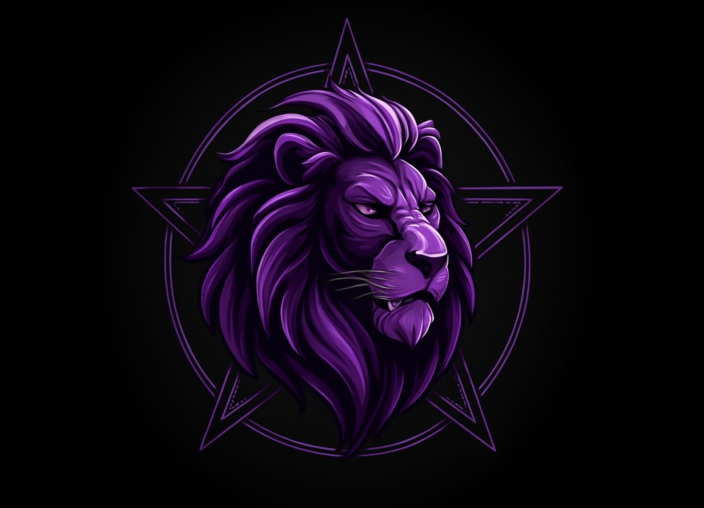 Purple Leo zodiac lion head with flowing mane and glowing pentagram on black background